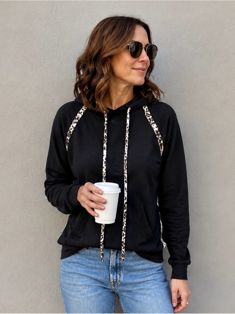 NWT Hale Bob Boutique Black Hoodie with Leopard Trim - $120 retail